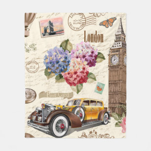 Seamless London vintage background with retro car, Fleece Blanket