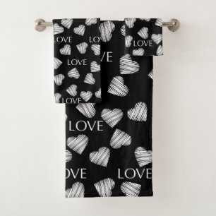 Seamless LOVE Valentines Day black dark white scra Bath Towel Set