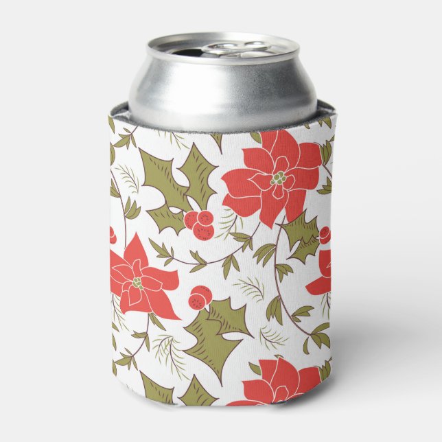 Seamless Merry Christmas red poinsettia green euon Can Cooler (Can Front)