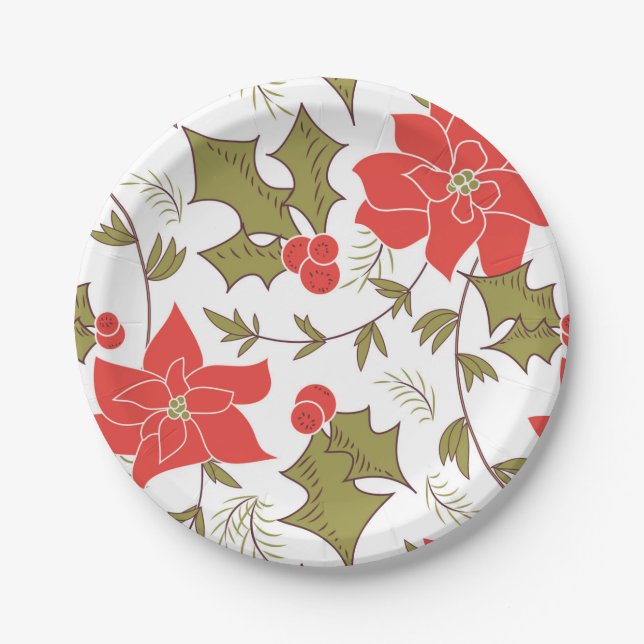 Seamless Merry Christmas red poinsettia green euon Paper Plate (Front)
