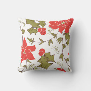Seamless Merry Christmas red poinsettia green euon Throw Pillow