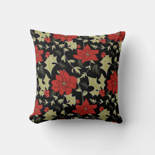 Seamless Merry Christmas red poinsettia green euon Throw Pillow