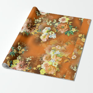 seamless mix flower on the orange background wrapping paper