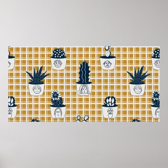 Seamless modern pattern with potted cacti, cute fa poster (Front)