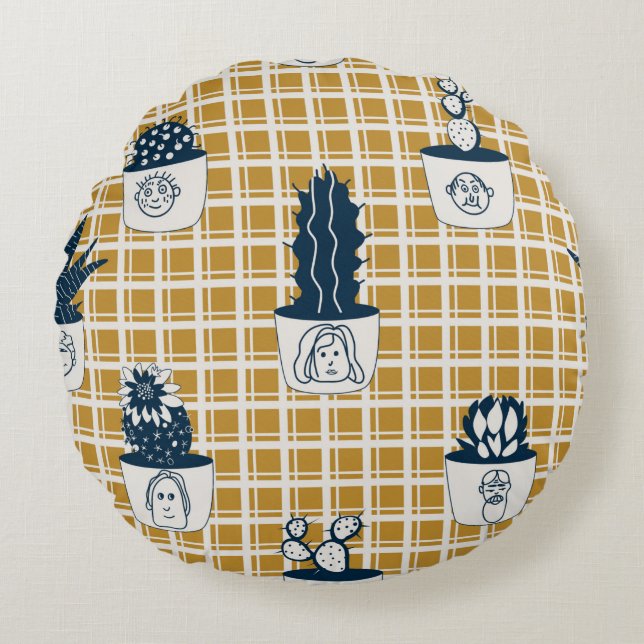 Seamless modern pattern with potted cacti, cute fa round pillow (Front)