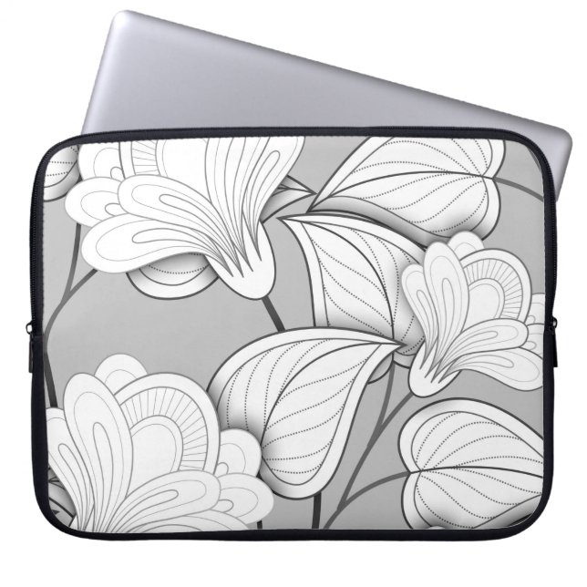 Seamless Monochrome Floral Pattern. Hand Drawn Flo Laptop Sleeve (Front)