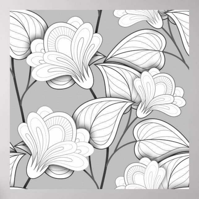Seamless Monochrome Floral Pattern. Hand Drawn Flo Poster (Front)