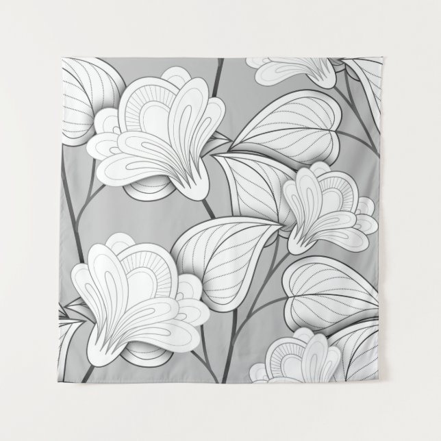 Seamless Monochrome Floral Pattern. Hand Drawn Flo Tapestry (Front)