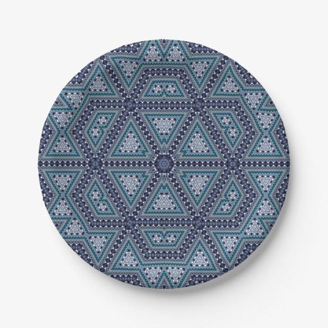 Seamless mosaic abstract kaleidoscope navy triangl paper plate (Front)