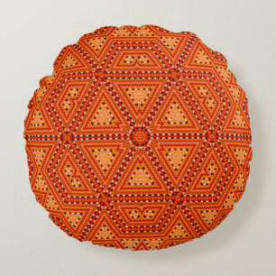 Seamless mosaic abstract kaleidoscope orange trian round pillow