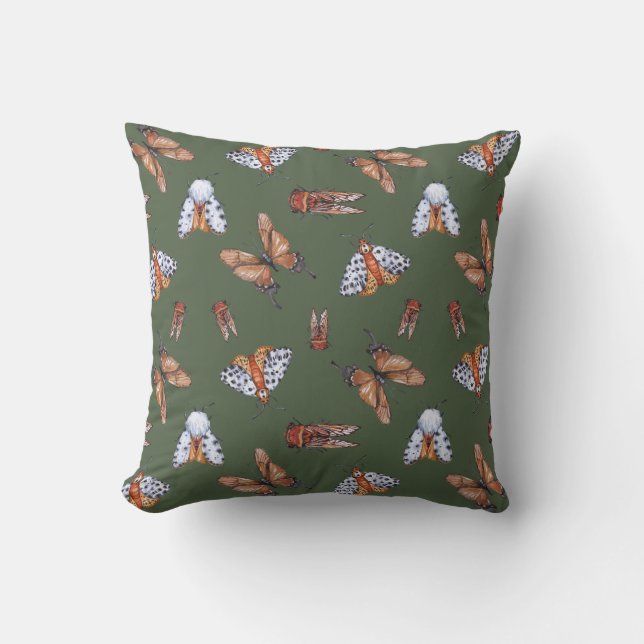 Seamless Moth and Butterfly Nature Print Throw Pillow (Front)