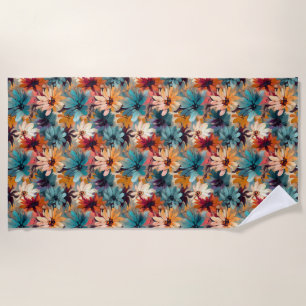 Seamless Of Colourful Flowers in Blue, Orange Beach Towel