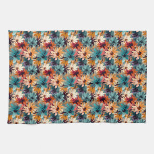Seamless Of Colourful Flowers in Blue, Orange Kitchen Towel