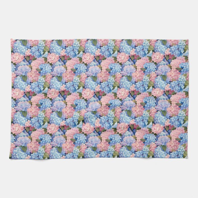 Seamless Of Pink and Blue Hydrangea Flowers Kitchen Towel (Horizontal)