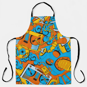 Seamless old school pattern, robots and tapes apron