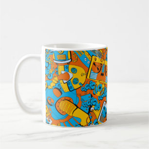 Seamless old school pattern, robots and tapes coffee mug