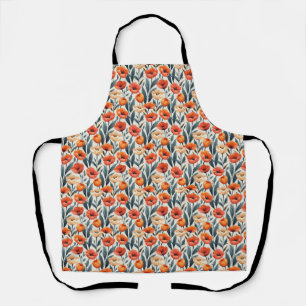 Seamless Orange and Beige Flower With Green Leaves Apron