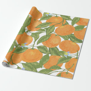 Seamless orange mandarin tangerine with leaves and wrapping paper
