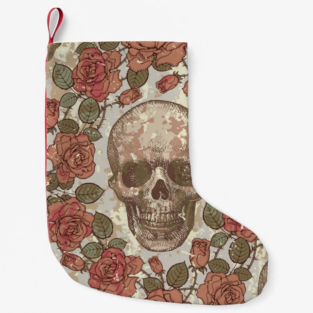 Seamless ornament in a retro style with skulls and small christmas stocking (Front)