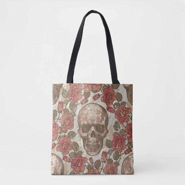 Seamless ornament in a retro style with skulls and tote bag (Front)