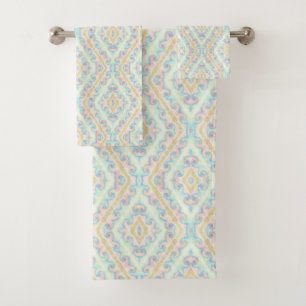 Seamless ornamental pastel green blue beige decor bath towel set