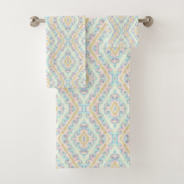 Seamless ornamental pastel green blue beige decor bath towel set (Insitu)