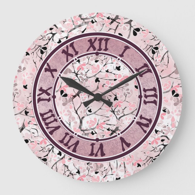 Seamless pastel spring cherry flowers pink white n large clock (Front)