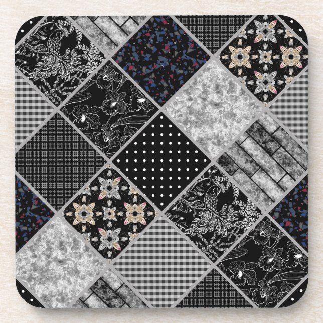Seamless patchwork monochrom black grey white patc coaster (Front)