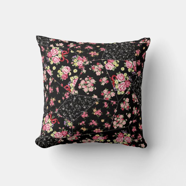 Seamless patchwork of pretty floral design throw pillow (Front)