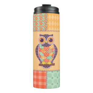 Seamless patchwork owl pattern. Vintage background Thermal Tumbler