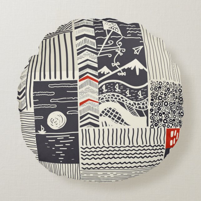 Seamless patchwork pattern from abstract doodles.  round pillow (Front)