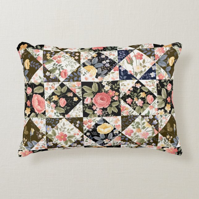 seamless patchwork pattern with flowers accent pillow (Front)