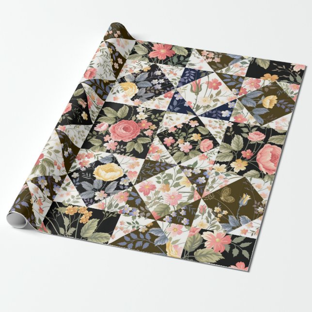 seamless patchwork pattern with flowers wrapping paper (Unrolled)