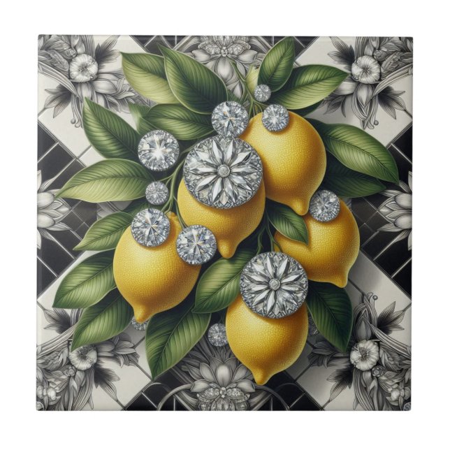 Seamless Pattern B&W Art Deco Lemons and Diamonds Tile (Front)