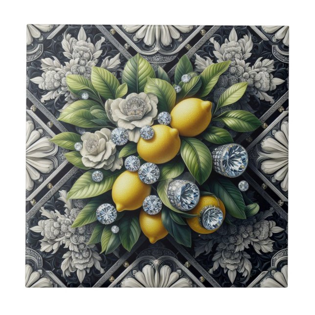 Seamless Pattern B&W Art Deco Lemons and Diamonds Tile (Front)