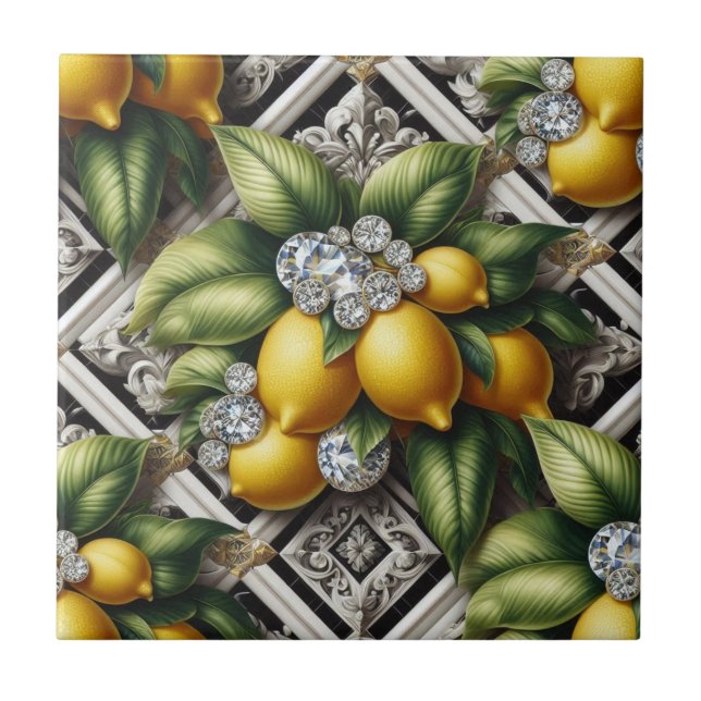 Seamless Pattern B&W Art Deco Lemons and Diamonds Tile (Front)