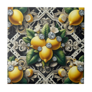 Seamless Pattern B&W Art Deco Lemons and Diamonds Tile