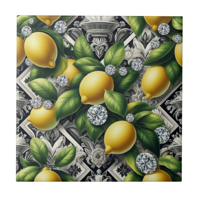 Seamless Pattern B&W Art Deco Lemons and Diamonds Tile (Front)