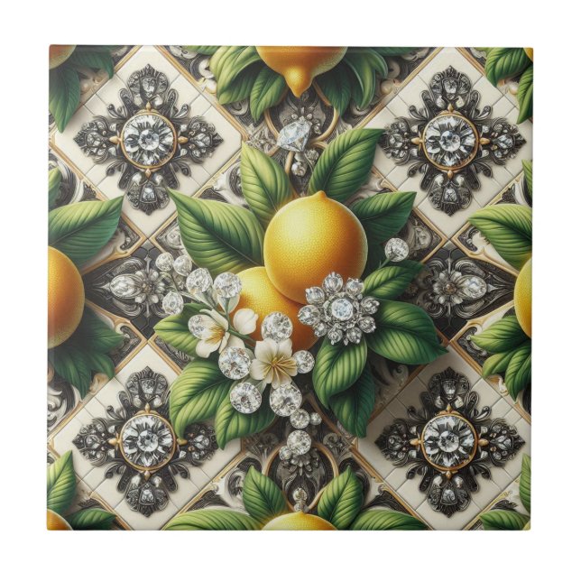 Seamless Pattern B&W Art Deco Lemons and Diamonds Tile (Front)
