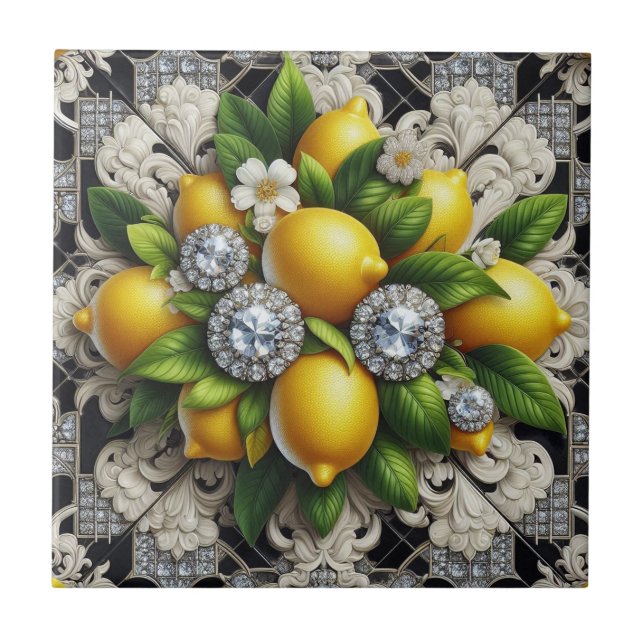 Seamless Pattern B&W Art Deco Lemons and Diamonds Tile (Front)