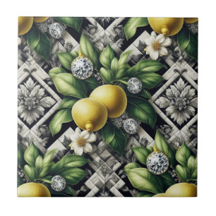 Seamless Pattern B&W Art Deco Lemons and Diamonds Tile