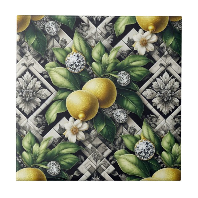 Seamless Pattern B&W Art Deco Lemons and Diamonds Tile (Front)