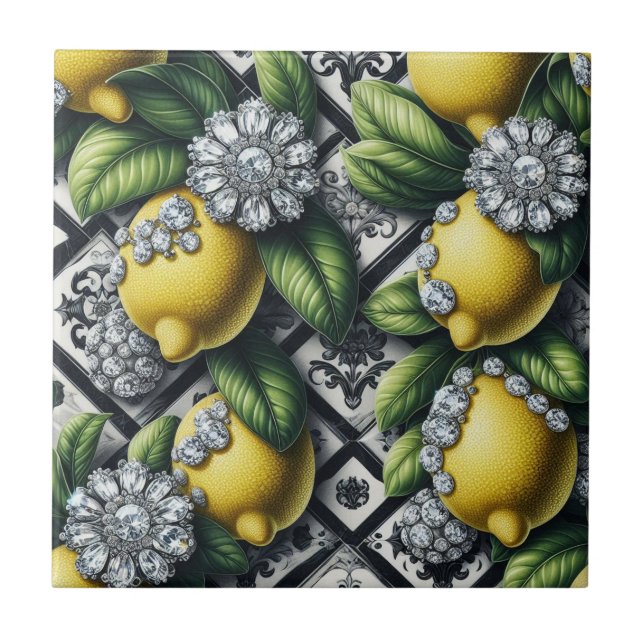 Seamless Pattern B&W Art Deco Lemons and Diamonds Tile (Front)