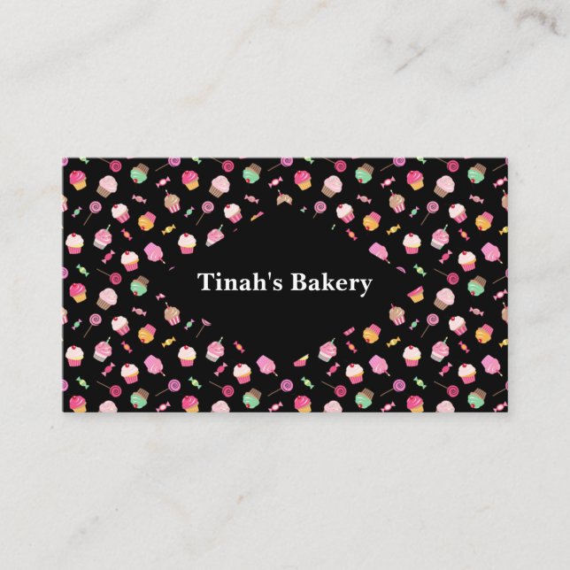 Seamless Pattern Backgorund With Cupcakes, Candies Business Card (Front)
