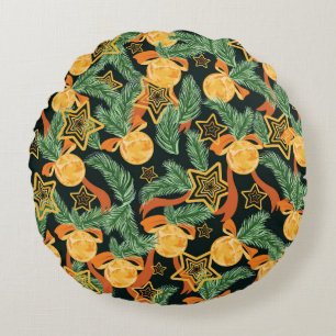 seamless pattern background with Pine leaves, star Round Pillow