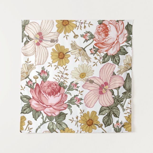 Seamless pattern. Beautiful pink blooming realisti Tapestry (Front)