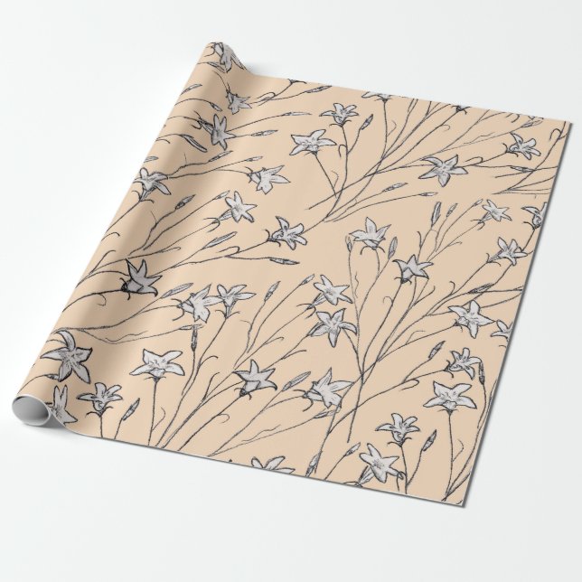 seamless pattern bell flowers pastel line out art, wrapping paper (Unrolled)