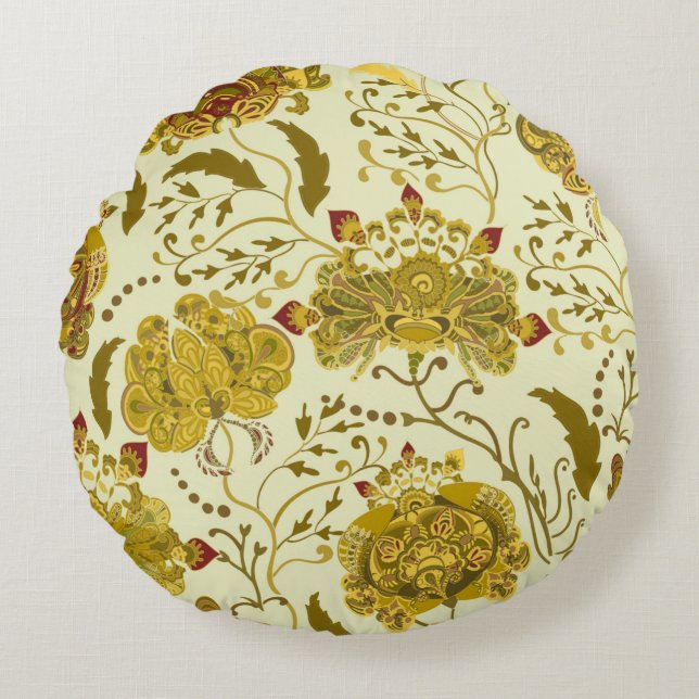 Seamless pattern, big indian paisley flowers. Tren Round Pillow (Front)