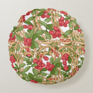 Seamless pattern cranberry in a wicker basket made round pillow