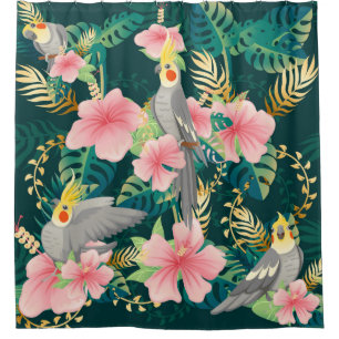 Seamless pattern cute cockatiel parrot sits on gre